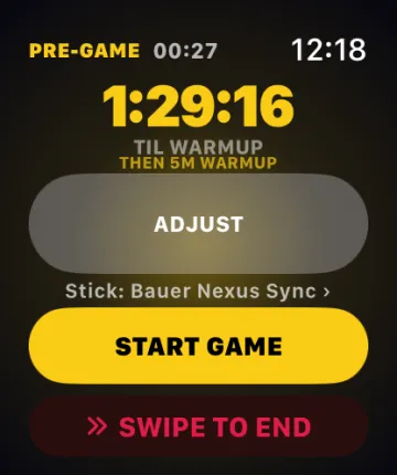 Apple Watch pre-game screen counting down to warmup, with an ADJUST button, the line Stick: Bauer Nexus Sync, and START GAME
