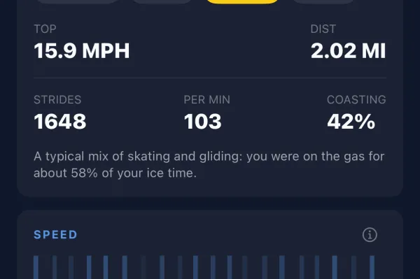 A game’s Skating tab showing top speed 15.9 mph, 2.02 miles, 1,648 strides at 103 per minute and 42% coasting