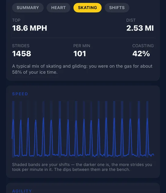 The Skating tab of a game with strides, strides per minute and coasting