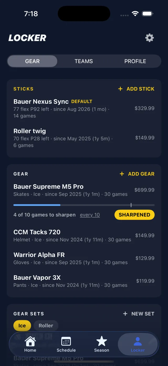 Locker gear list: a Bauer Nexus Sync stick marked default with 14 games, a roller stick, and Bauer Supreme skates 4 of 10 games from a sharpening