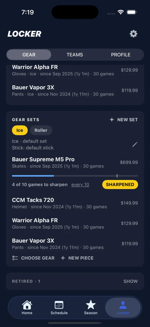 Gear sets for ice and roller, each listing the stick, skates, helmet, gloves and pants in it
